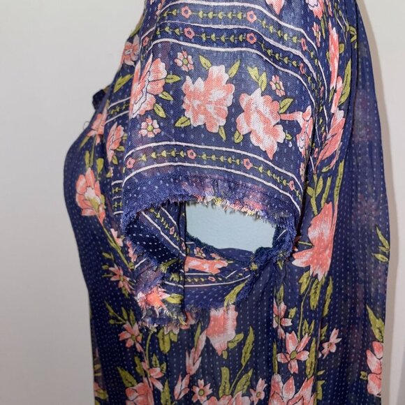 Free People peasant top short sleeve flutter raw edge floral viscose navy medium - Picture 3 of 9